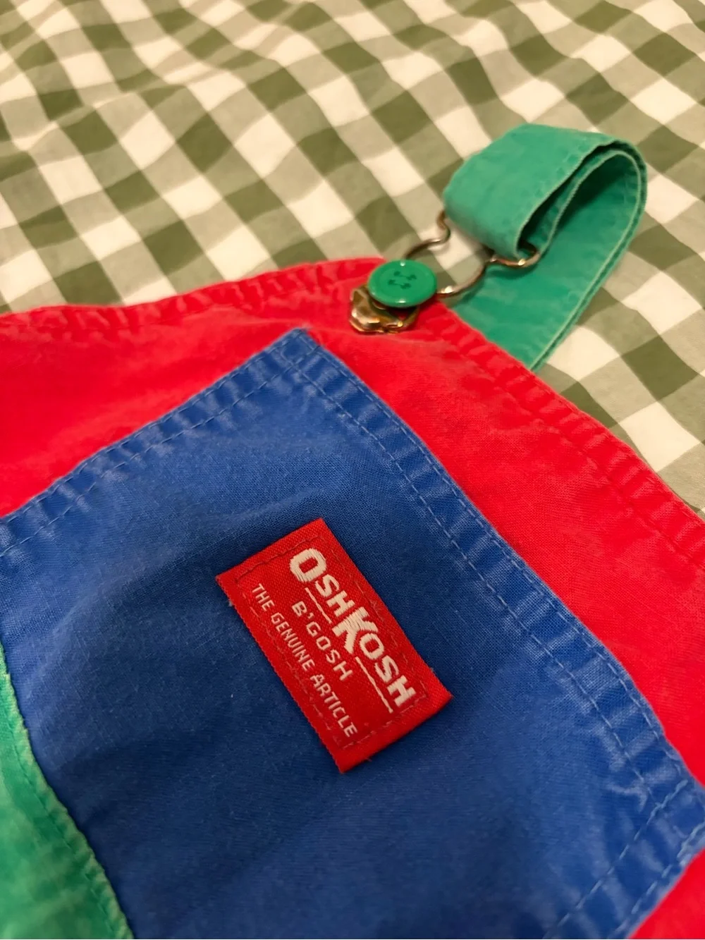 Vintage OshKosh B'gosh Bright Blue Short Overalls with Red & Green Accents